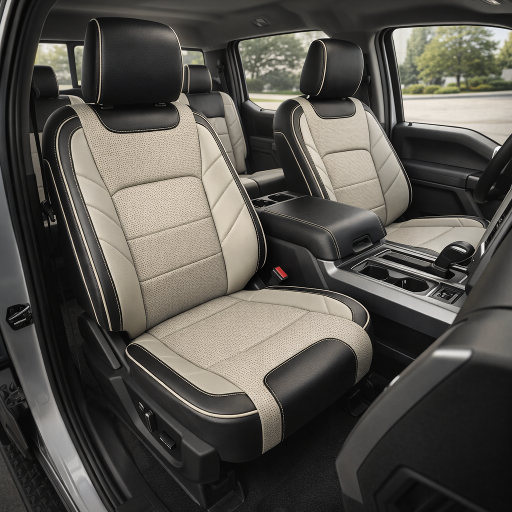 Front in-cabin view of a 2015–2020 Ford F-150 XLT SuperCrew with an installed Leatherteck leather upholstery kit in black with square-perforated Alabaster and Java Brown inserts, Alabaster panels, and Alabaster piping, showing the front bucket seats, matching headrests, center console armrest, cupholders, gear shifter, door panels, rear bench seat, and black floor mats visible.