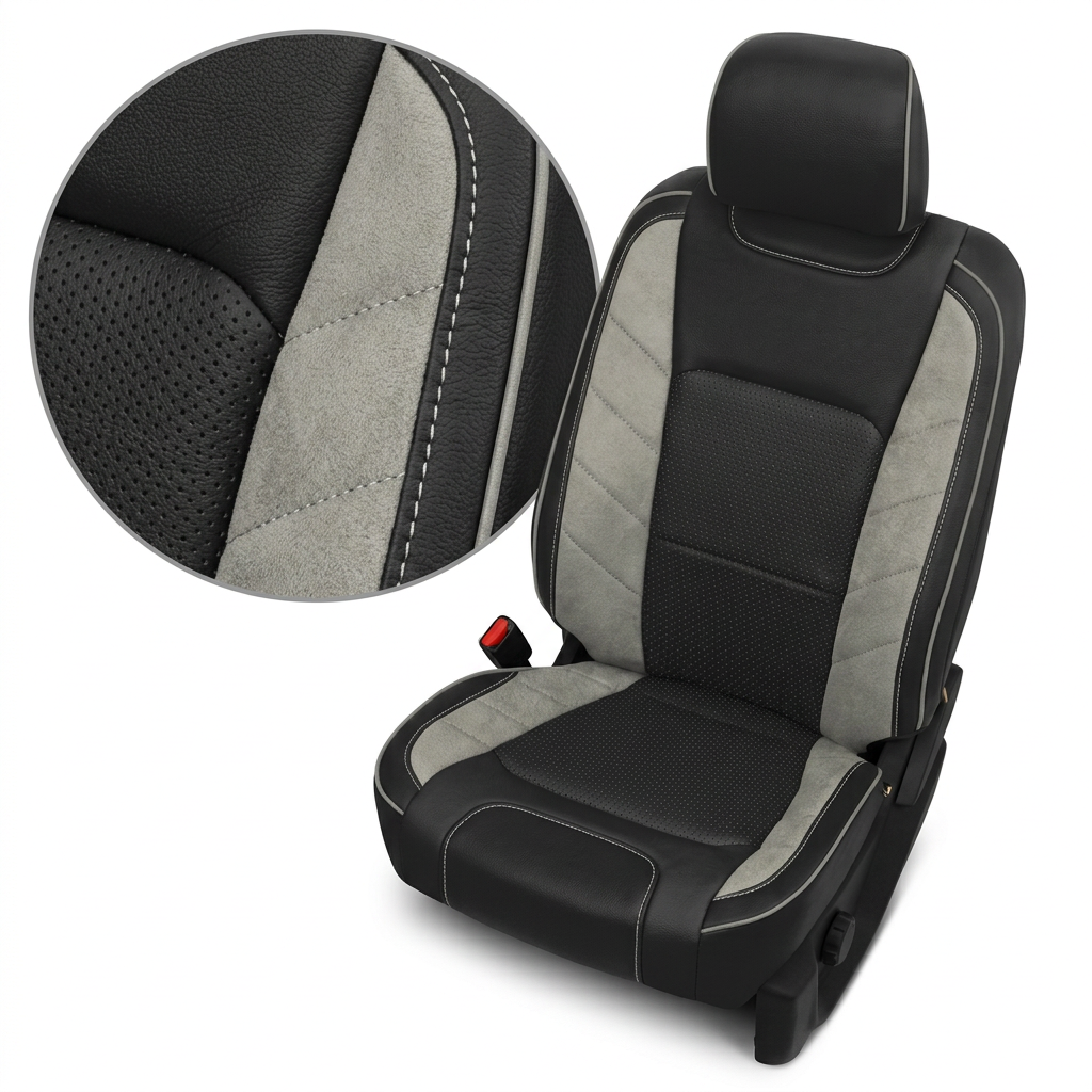 Close-up product image of a 2015–2020 Ford F-150 XLT SuperCrew Leatherteck leather upholstery kit in black with square-perforated Flint inserts, Heather Gray suede panels, and Frost stitching, shown on a white background with a circular zoom inset highlighting the leather grain, perforation pattern, suede texture, stitched seams, and piping detail.