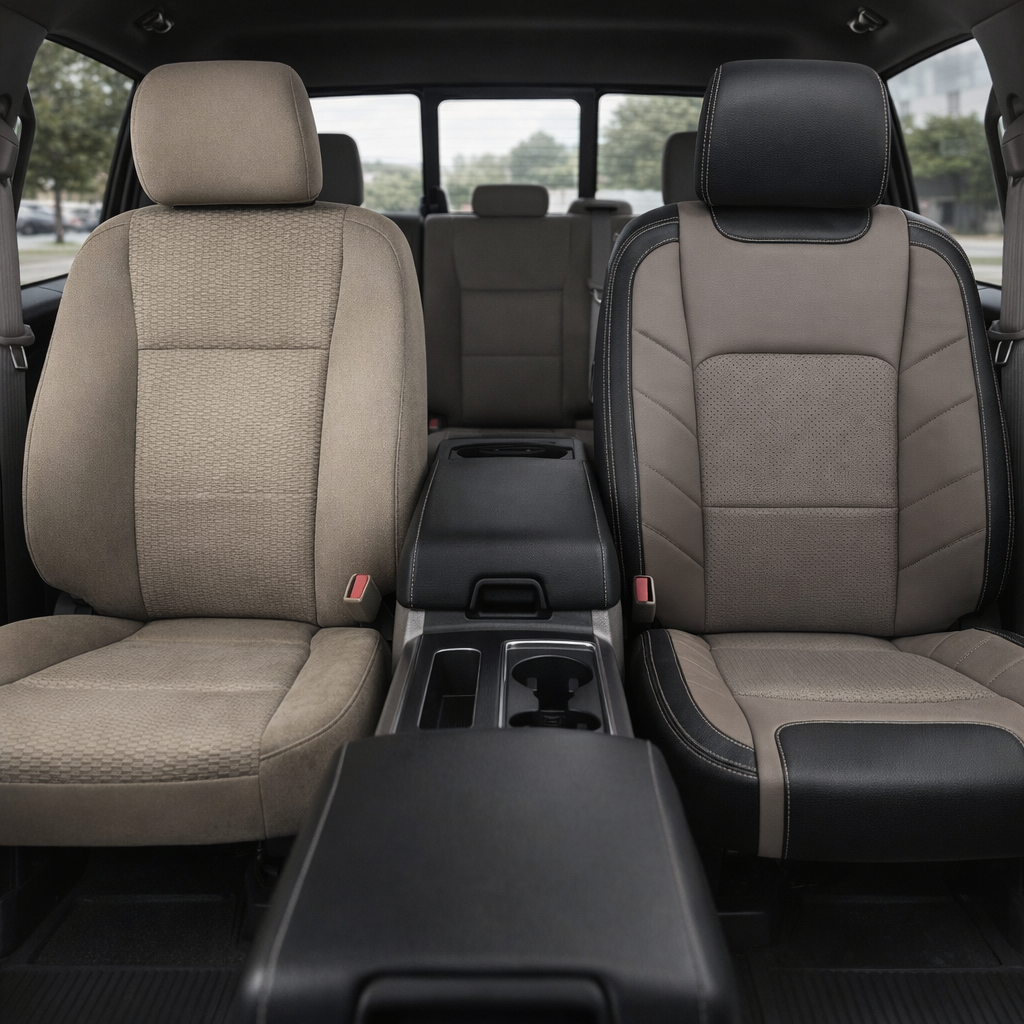 Before-and-after front in-cabin view of a 2015–2020 Ford F-150 XLT SuperCrew split by the front seats: the left side shows the factory tan cloth upholstery, while the right side shows the upgraded Leatherteck leather upholstery kit in black and Stone featuring perforated Stone inserts and Stone stitching, with the upgraded black leather center console armrests, rear seats, and rear window visible.