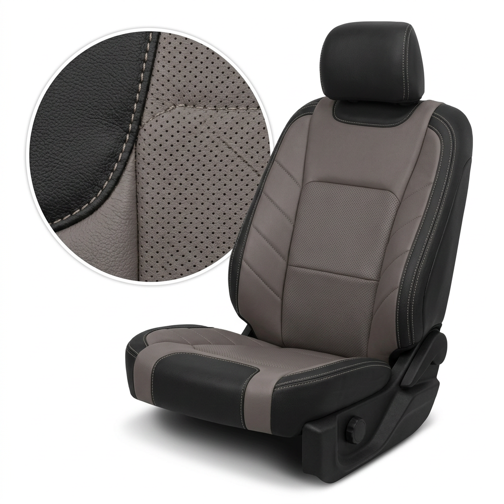  Close-up product image of a 2015–2020 Ford F-150 XLT SuperCrew Leatherteck leather upholstery kit in black and Tan Brown with perforated Tan Brown inserts and matching stitching. The upholstered bucket seat is shown on a solid white background with a circular zoom inset in the top-left corner detailing the texture of the pebble-grained black leather, the round perforation pattern on the tan insert, and the fine stitching along the seam.