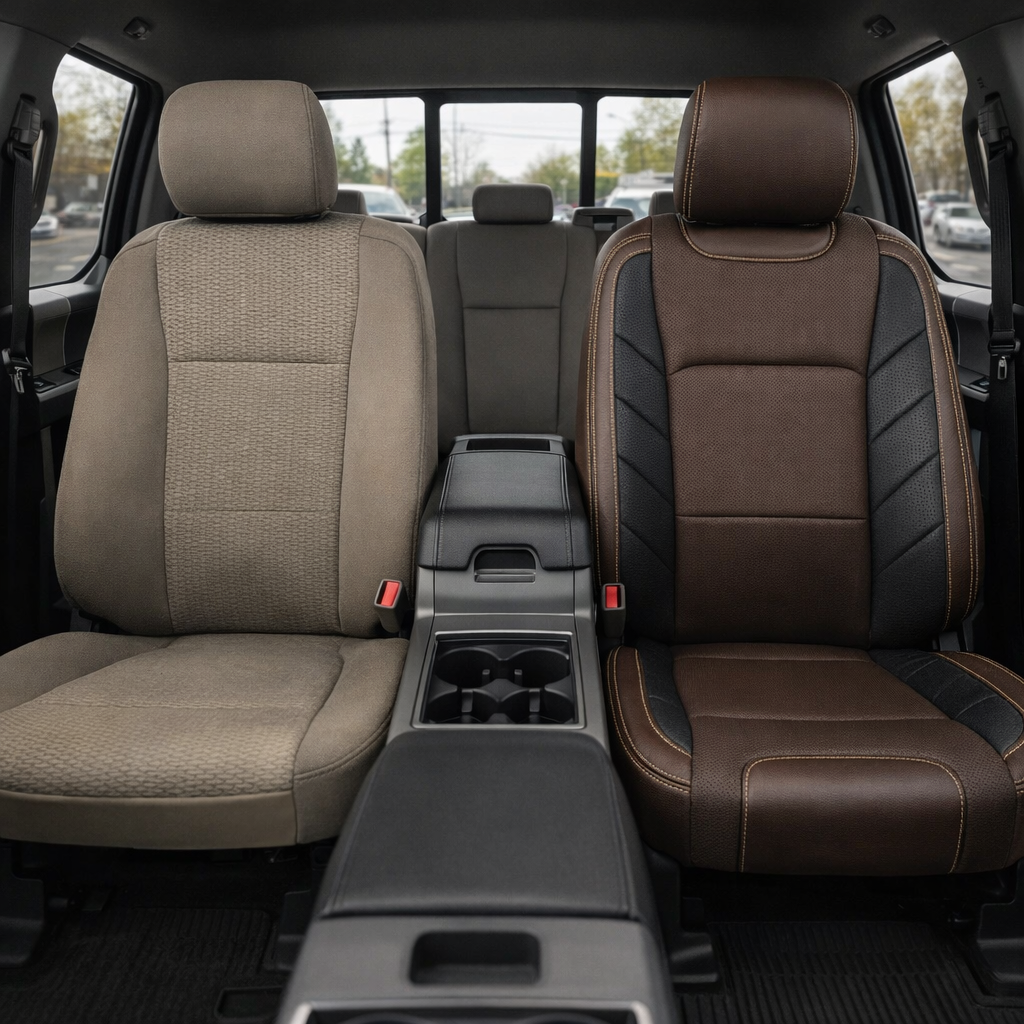  Before-and-after front in-cabin view of a 2015–2020 Ford F-150 XLT SuperCrew showing the factory tan cloth front seat on the left and the upgraded Leatherteck leather upholstery kit on the right in Coffee Brown with perforated black accent panels and Bamboo contrast stitching, with the center console, cupholders, rear bench seat, headrests, seatbelt buckles, door panels, rear window, and black floor mats visible.