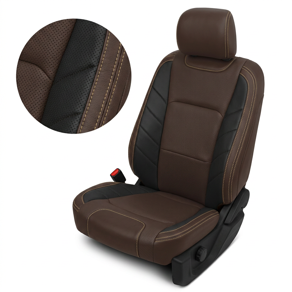 Close-up product image of a 2015–2020 Ford F-150 XLT SuperCrew Leatherteck leather upholstery kit in Coffee Brown with perforated black accent panels and Bamboo contrast stitching, shown on a white background with a circular zoom inset highlighting the perforated brown leather texture, black perforated accent panel, and double-stitched Bamboo seam detail.