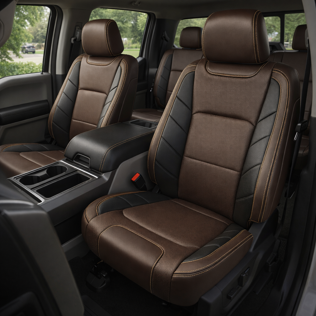 Front in-cabin view of a 2015–2020 Ford F-150 XLT SuperCrew with an installed Leatherteck leather upholstery kit in Coffee Brown, featuring perforated black accent panels and Bamboo contrast stitching, shown with the driver and passenger front seats, matching headrests, center console/armrest, cupholders, rear bench seat, seatbelt buckle, door panel, and black floor mats visible.