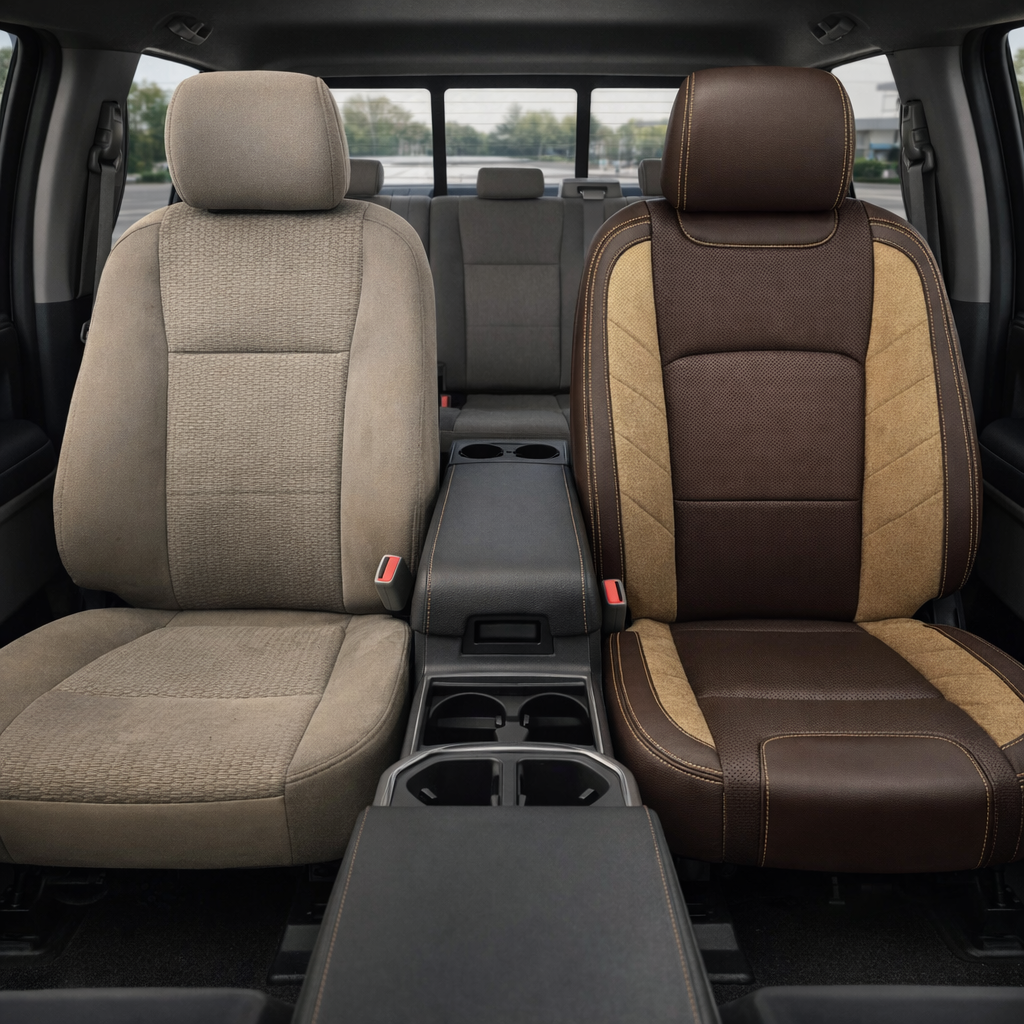 Before-and-after front in-cabin view of a 2015–2020 Ford F-150 XLT SuperCrew showing the factory tan cloth front seat on the left and the upgraded Leatherteck leather upholstery kit on the right in Coffee Brown, featuring perforated Coffee Brown inserts, Tawny Suedezkin accent panels, and Bamboo stitching, with the center console, cupholders, rear bench seat, headrests, seatbelt buckles, rear window, door panels, and black floor mats visible.