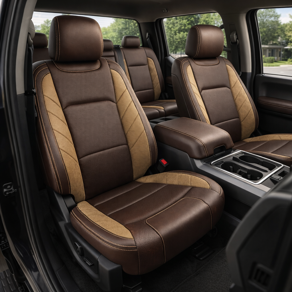 Front in-cabin view of a 2015–2020 Ford F-150 XLT SuperCrew with an installed Leatherteck leather upholstery kit in Coffee Brown, featuring perforated Coffee Brown inserts, Tawny Suedezkin accent panels, and Bamboo stitching, showing the driver and passenger front seats, matching headrests, rear bench seat, center console armrest, cupholders, door panels, seat controls, and black floor mats visible.