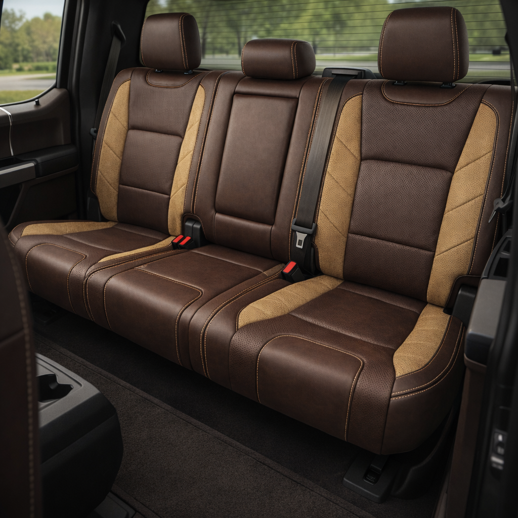 Rear in-cabin view of a 2015–2020 Ford F-150 XLT SuperCrew with an installed Leatherteck leather upholstery kit in Coffee Brown, featuring perforated Coffee Brown inserts, Tawny Suedezkin panels, and Bamboo stitching, showing the rear bench seat, three matching headrests, seatbelts and buckles, rear door panel, rear window, front seatback, and black floor mats visible.