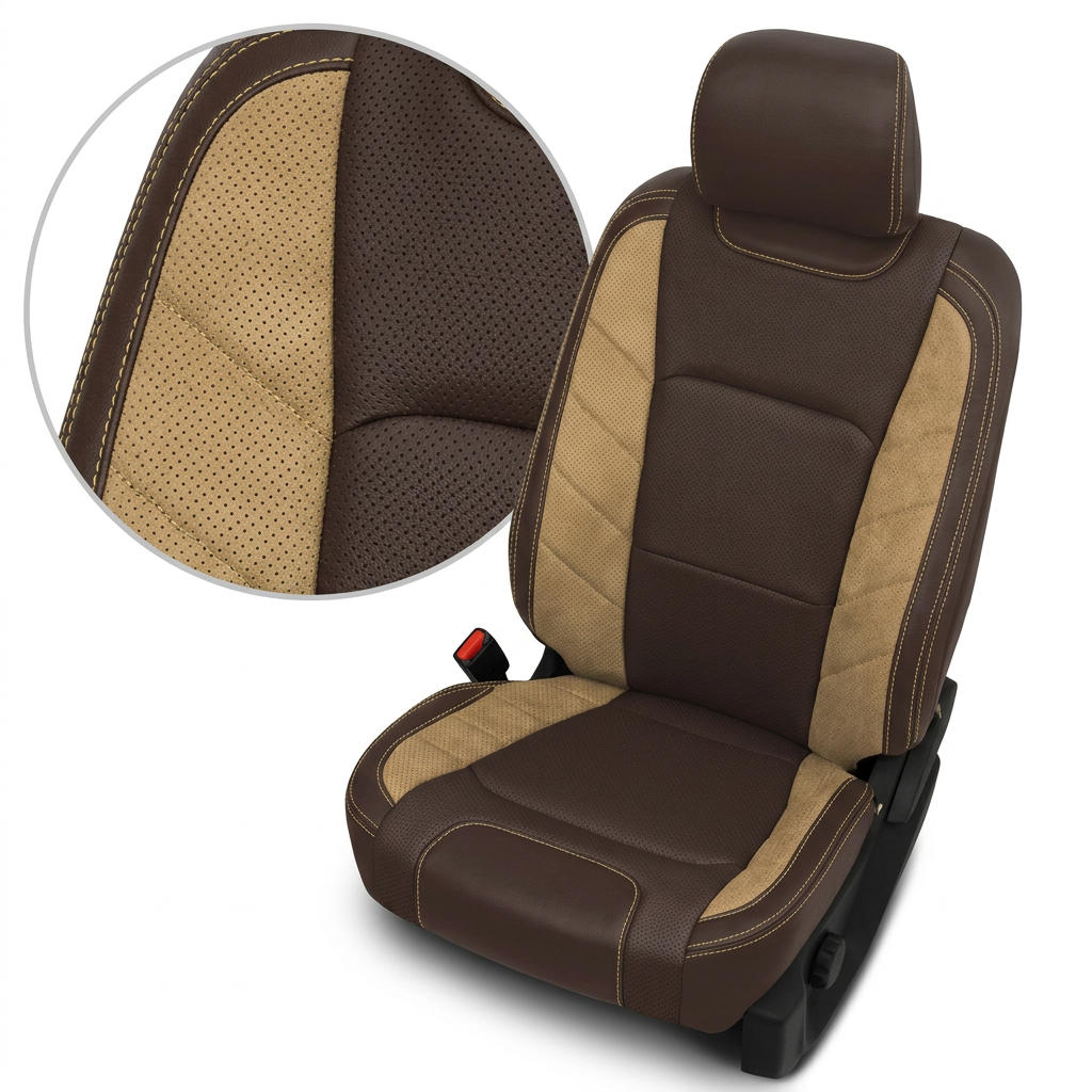  Close-up product image of a 2015-2020 Ford F-150 XLT SuperCrew Leatherteck leather upholstery kit in Coffee Brown, featuring perforated Coffee Brown inserts, Tawny Suedezkin panels, and Bamboo stitching, shown on a white background with a circular zoom inset highlighting the perforated leather texture, Tawny Suedezkin accent panel, and double-stitched seam detail.