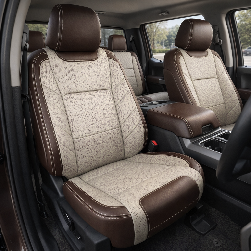 Front in-cabin view of a 2015–2020 Ford F-150 XLT SuperCrew with an installed Leatherteck leather upholstery kit in Coffee Brown with square-perforated Alabaster and Java Brown inserts, Alabaster stitching, and two-tone panel detailing, showing the front bucket seats, matching headrests, center console armrest, cupholders, door panels, seatbelt buckles, rear bench seat, and black floor mats visible.