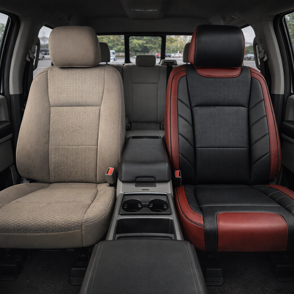 Before-and-after front in-cabin view of a 2015–2020 Ford F-150 XLT SuperCrew showing the factory tan cloth upholstery on the left front seat and the upgraded Leatherteck leather upholstery kit on the right front seat, featuring Medium Red outer panels, black center inserts, perforated red insert accents, and black piping, with the center console, cupholders, rear bench seat, headrests, seatbelt buckles, rear window, and black floor mats visible.

