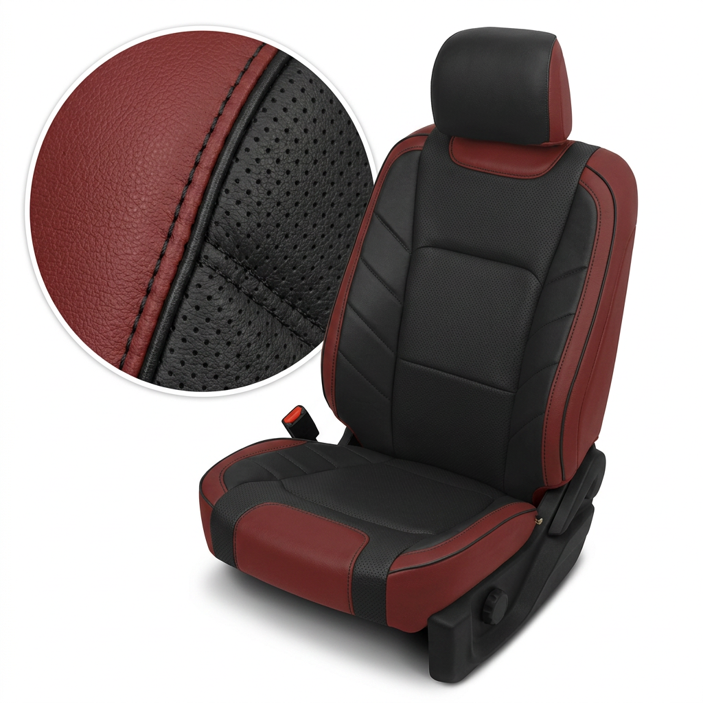 Close-up product image of a 2015–2020 Ford F-150 XLT SuperCrew Leatherteck leather upholstery kit in Medium Red with black center inserts, perforated black seat panels, black stitching, and black edge piping.