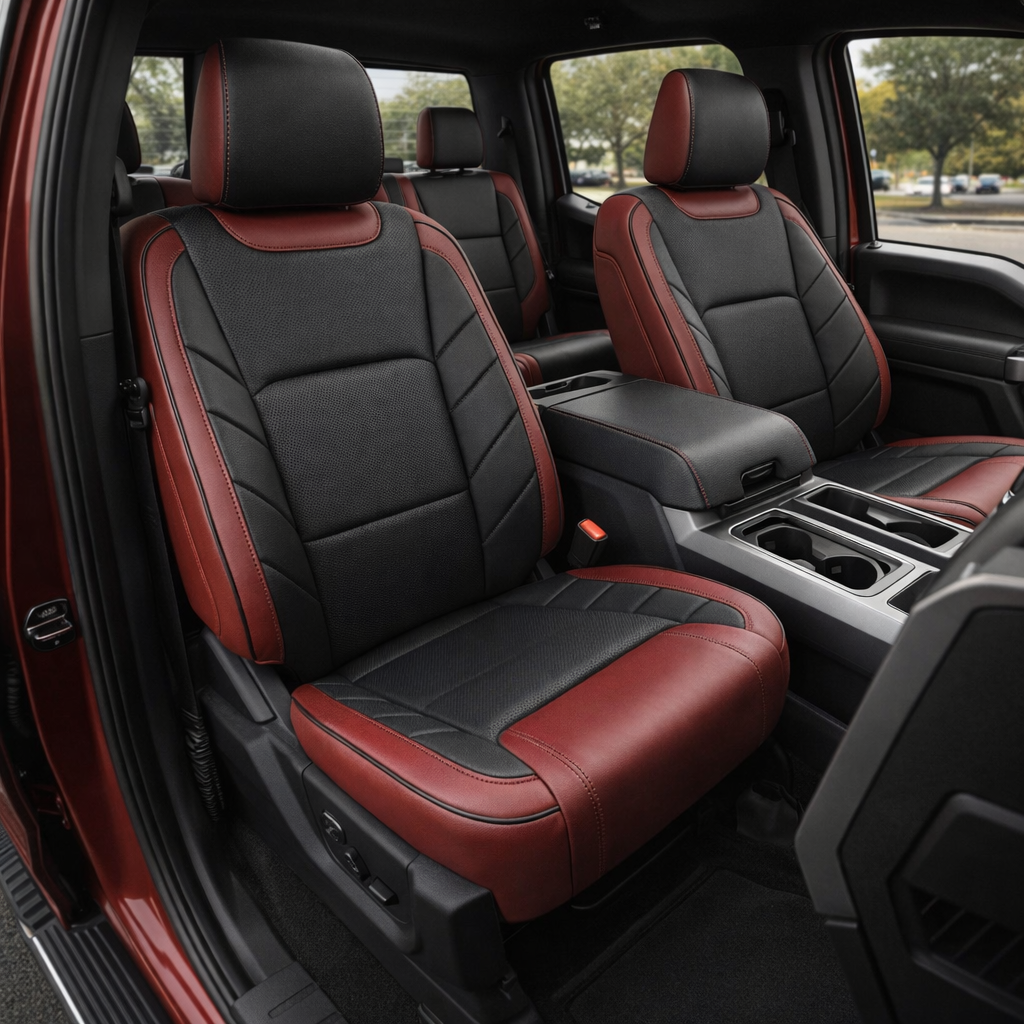 Front in-cabin view of a 2015–2020 Ford F-150 XLT SuperCrew with an installed Leatherteck leather upholstery kit in Medium Red with black center inserts, perforated seat panels, black stitching, and black edge piping. The image shows the upgraded driver and passenger front bucket seats with headrests, two-tone Medium Red and black leather design, center console 
with armrest and cupholders, rear bench seat, door panel, seat controls, and black floor area inside the truck cabin.