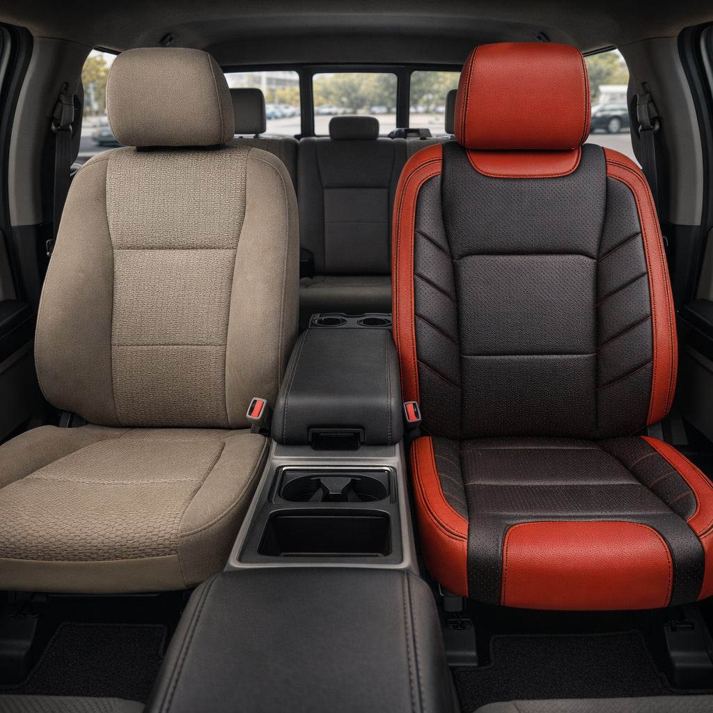 Before-and-after front in-cabin view of a 2015–2020 Ford F-150 XLT SuperCrew split side-by-side: the left front seat shows the factory tan cloth upholstery, while the right front seat shows the upgraded Leatherteck leather upholstery kit in Salsa Red with black front-facing panels, square-perforated red inserts and accent panels, and black stitching, with the center console, cupholders, rear bench seat, headrests, seatbelt buckles, rear window, and black floor mats visible.