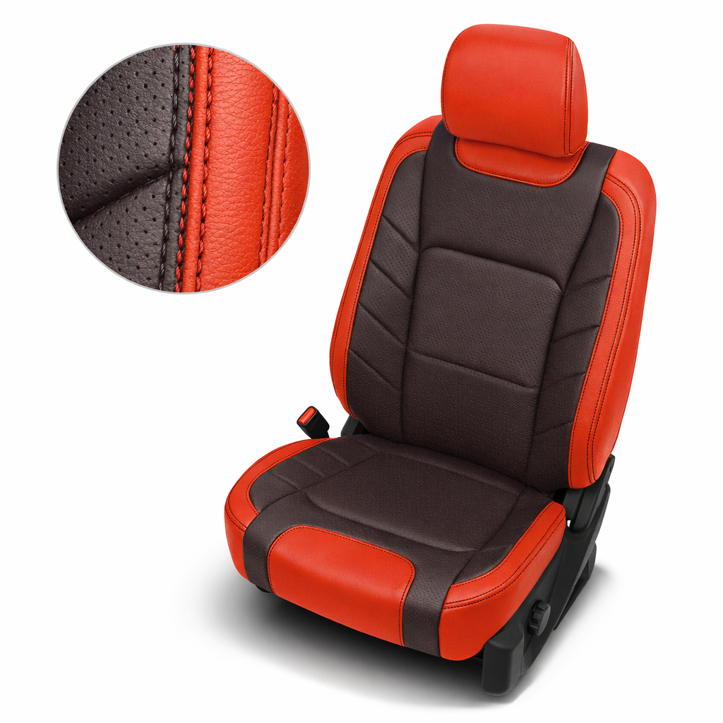  Close-up product image of a 2015–2020 Ford F-150 XLT SuperCrew Leatherteck leather upholstery kit in Salsa Red with black front-facing seat panels, square-perforated red inserts and accent panels, and black stitching, shown on a white background with a circular zoom inset highlighting the leather grain, perforation pattern, and stitched seam detail.