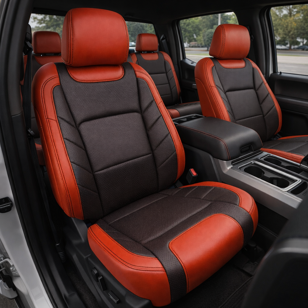 Front in-cabin view of a 2015–2020 Ford F-150 XLT SuperCrew with an installed Leatherteck leather upholstery kit in Salsa Red with black front-facing seat panels, square-perforated red inserts and accent panels, and black stitching, showing the front bucket seats, matching headrests, rear bench seat, center console armrest, cupholders, door panels, seatbelt buckles, and black floor mats visible.