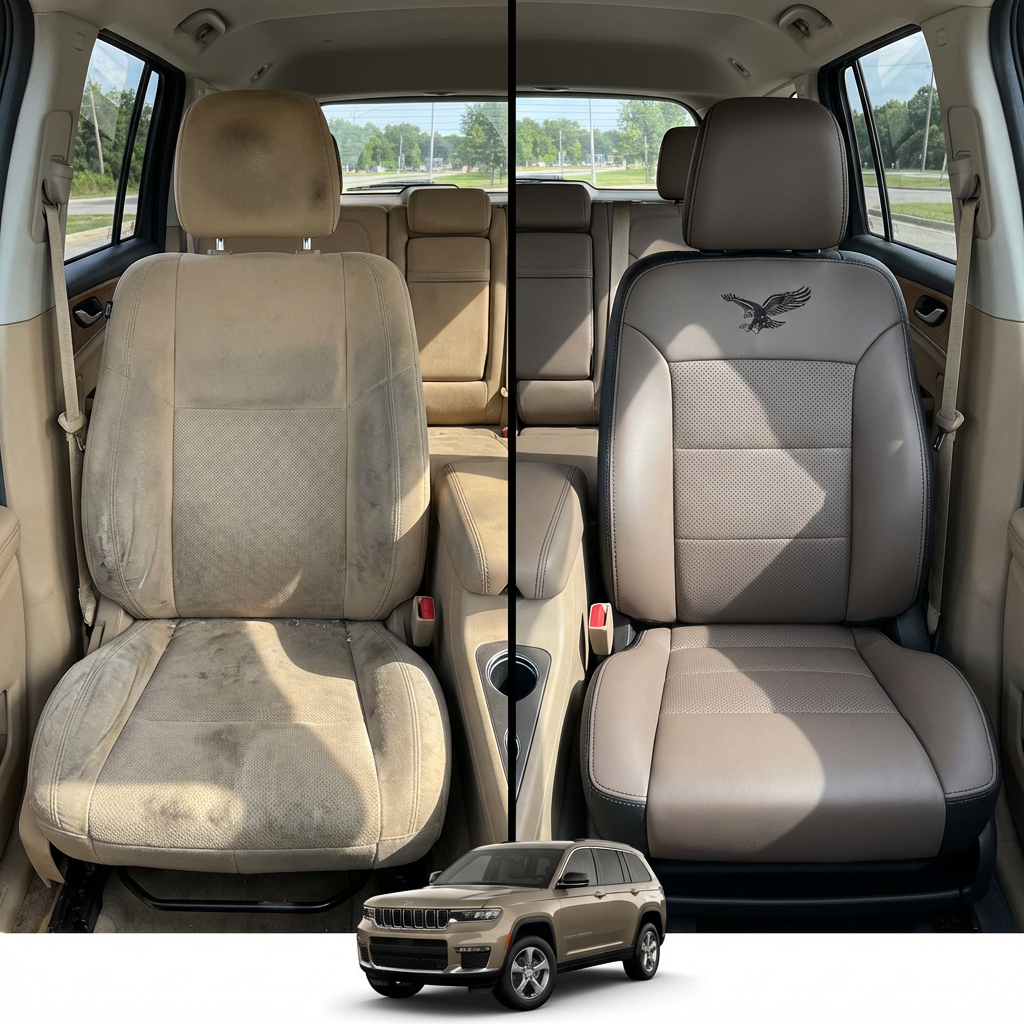 Before-and-after comparison of front seats, showing cloth seat upgraded to perforated leather upholstery.
