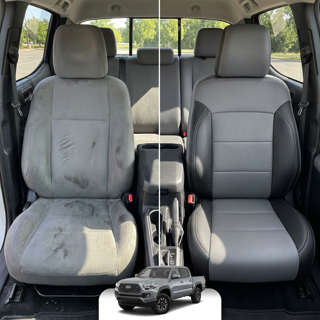 Before-and-after comparison of front seats, showing cloth seat upgraded to perforated leather upholstery.