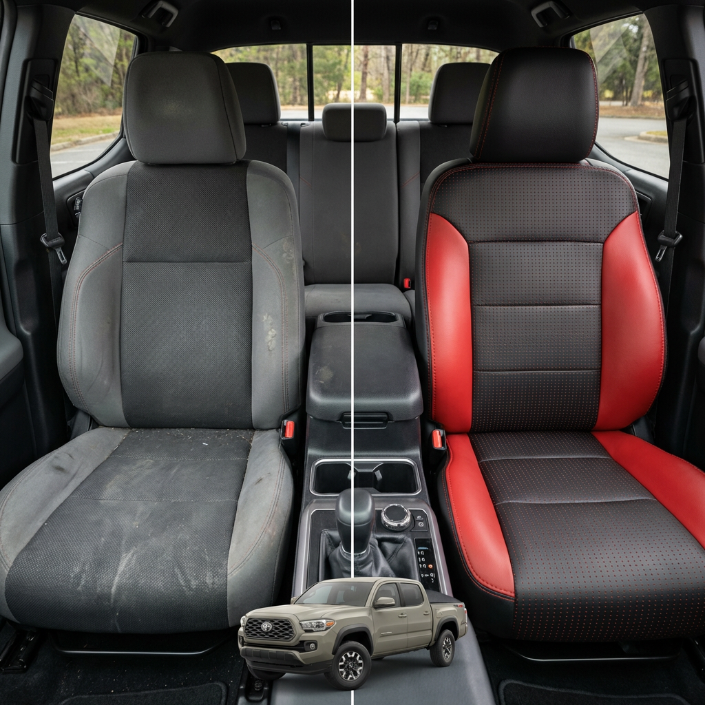 Before-and-after comparison of front seats, showing cloth seat upgraded to perforated leather upholstery.