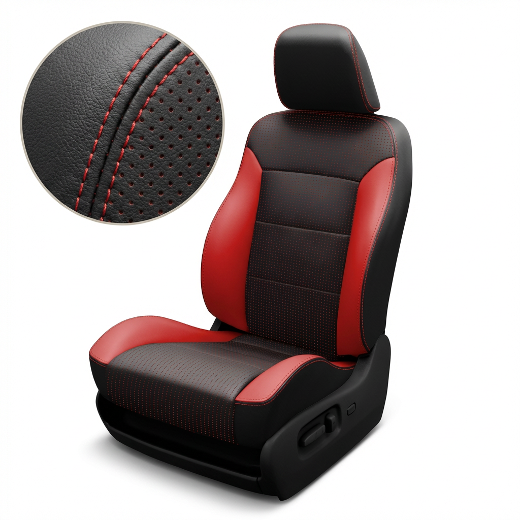Black and red car seat with close-up of stitching detail on a white background