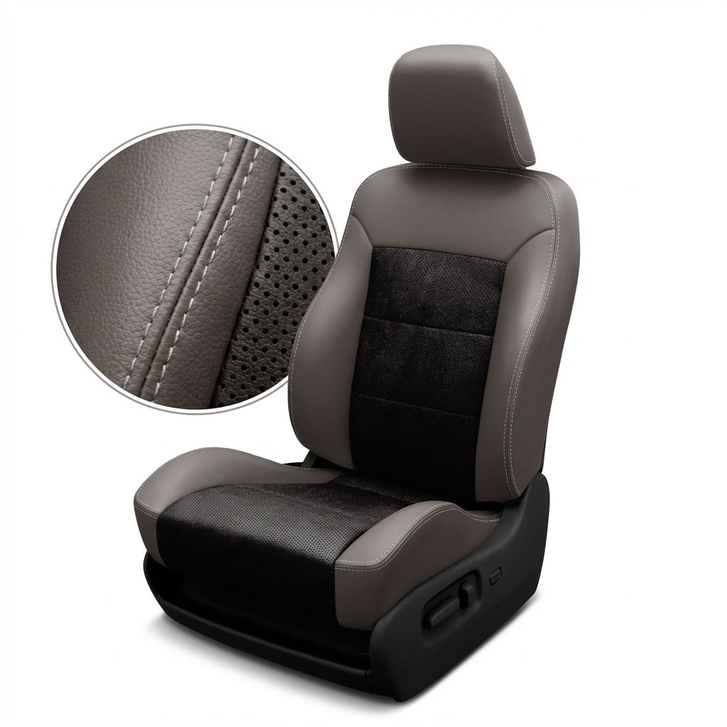 Light Grey car seat with close up detailed stitching on a white background
