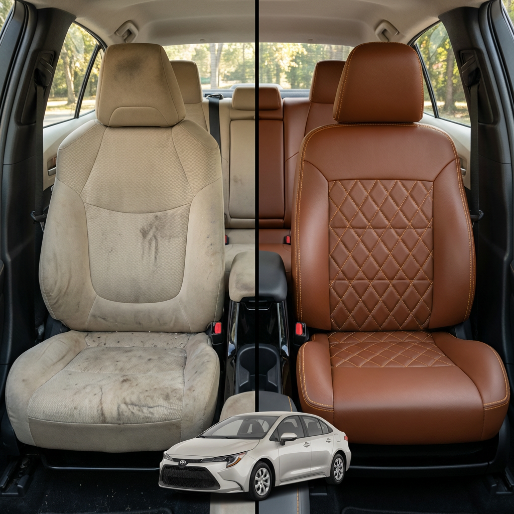 Before-and-after comparison of front seats, showing cloth seat upgraded to perforated leather upholstery.