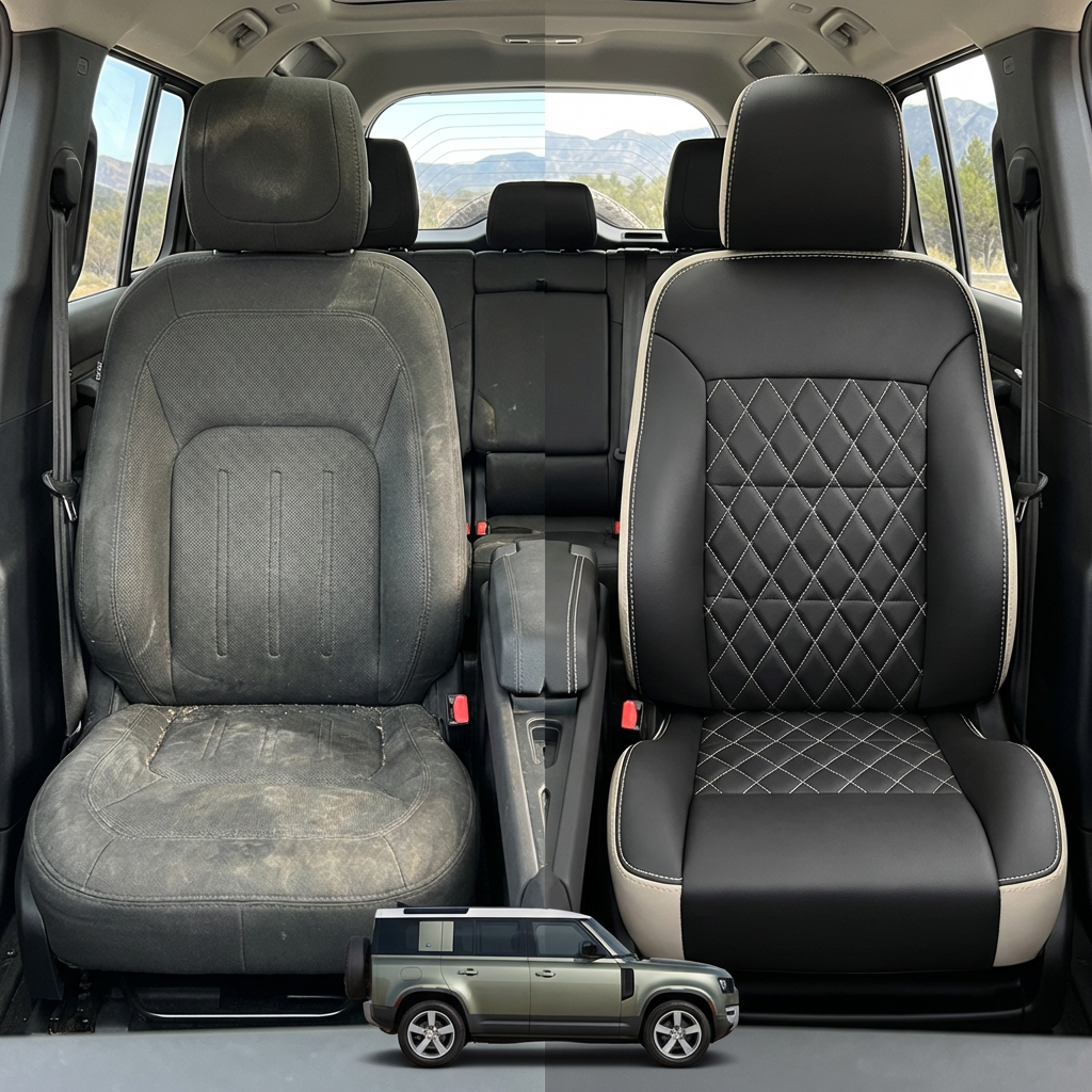Before-and-after comparison of front seats, showing cloth seat upgraded to perforated leather upholstery.