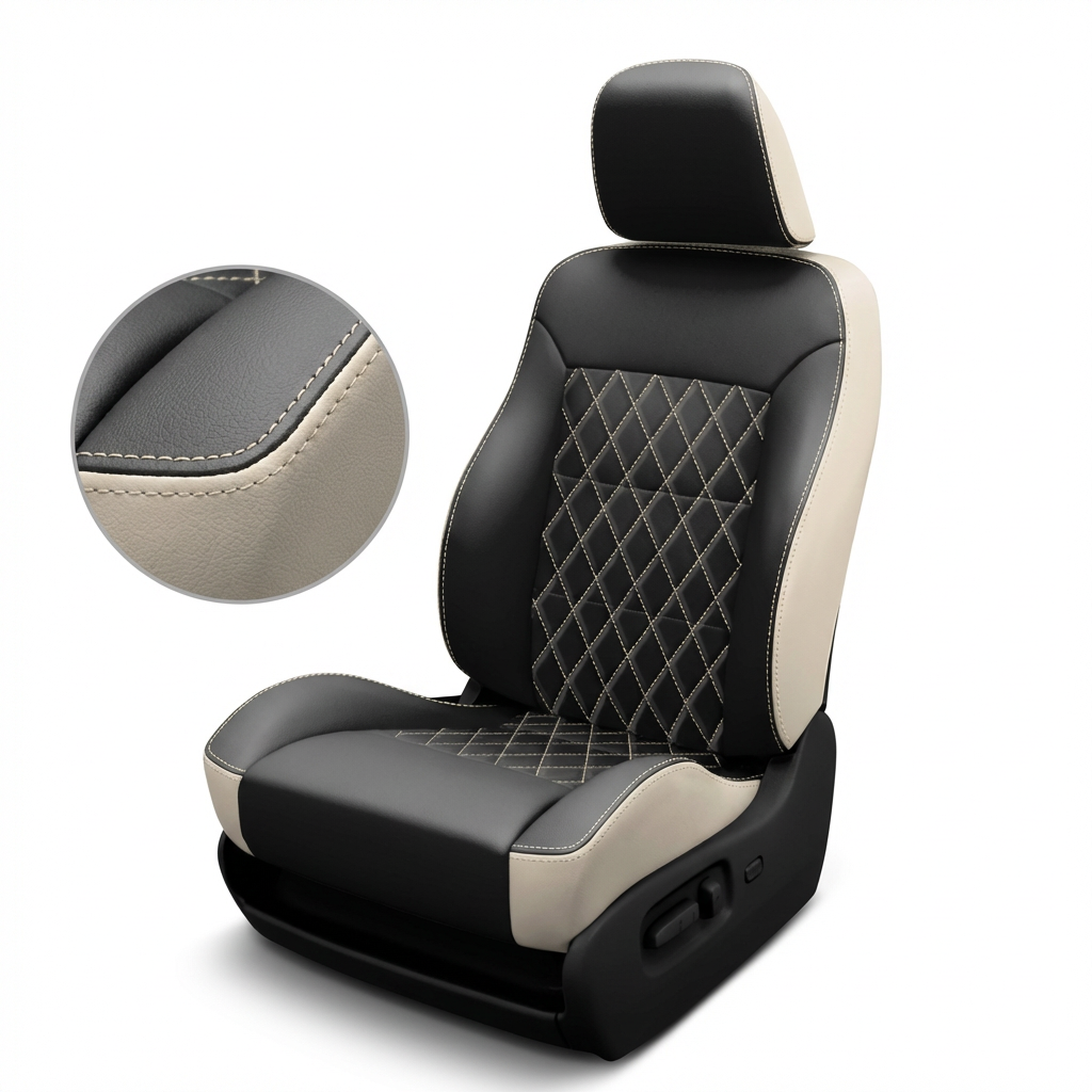 Pearl with Black Facing car seat and detailed close up stitching on a white background