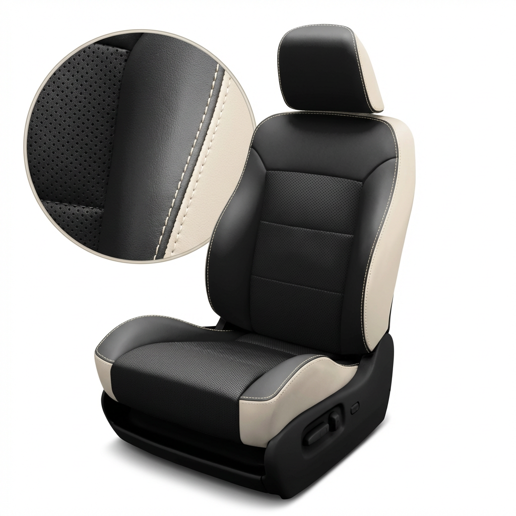 Black and beige car seat cover with detailed stitching on a white background