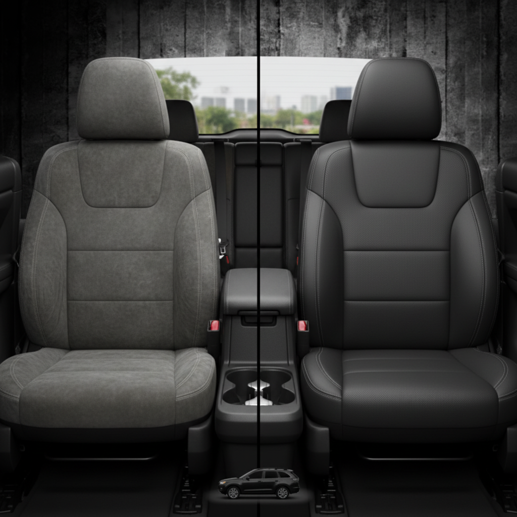 Before-and-after comparison of Chevrolet City front seats, showing original cloth seat upgraded to perforated leather upholstery.

