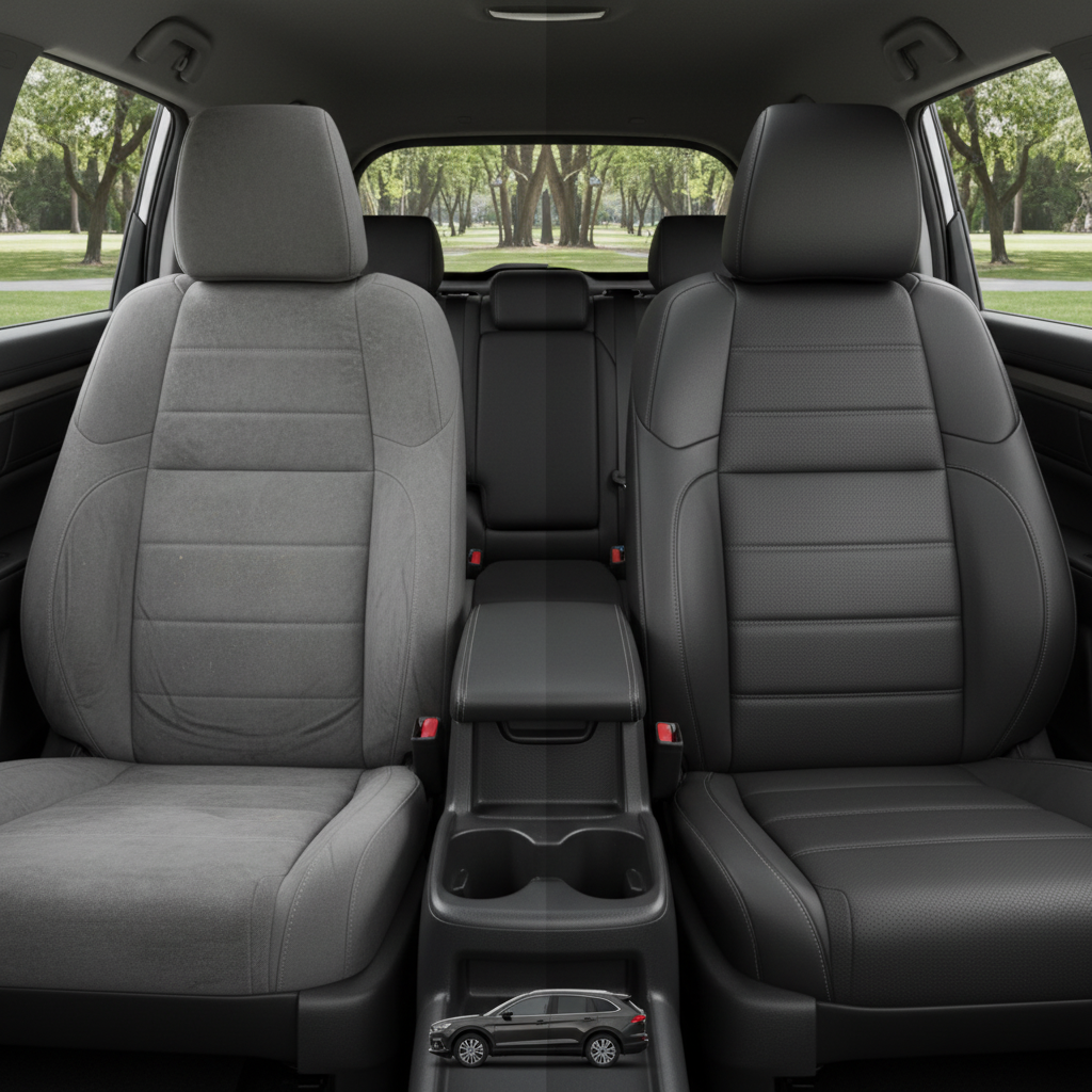 Before-and-after comparison of Chevrolet City front seats, showing original cloth seat upgraded to perforated leather upholstery.
