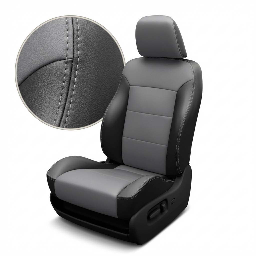 Black Lunar Grey car seat with headrest and detailed closed up stitching on a white background

