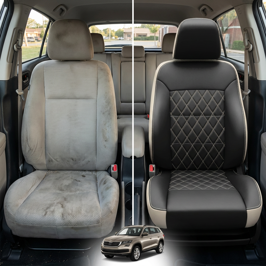 Before-and-after comparison of front seats, showing cloth seat upgraded to perforated leather upholstery.