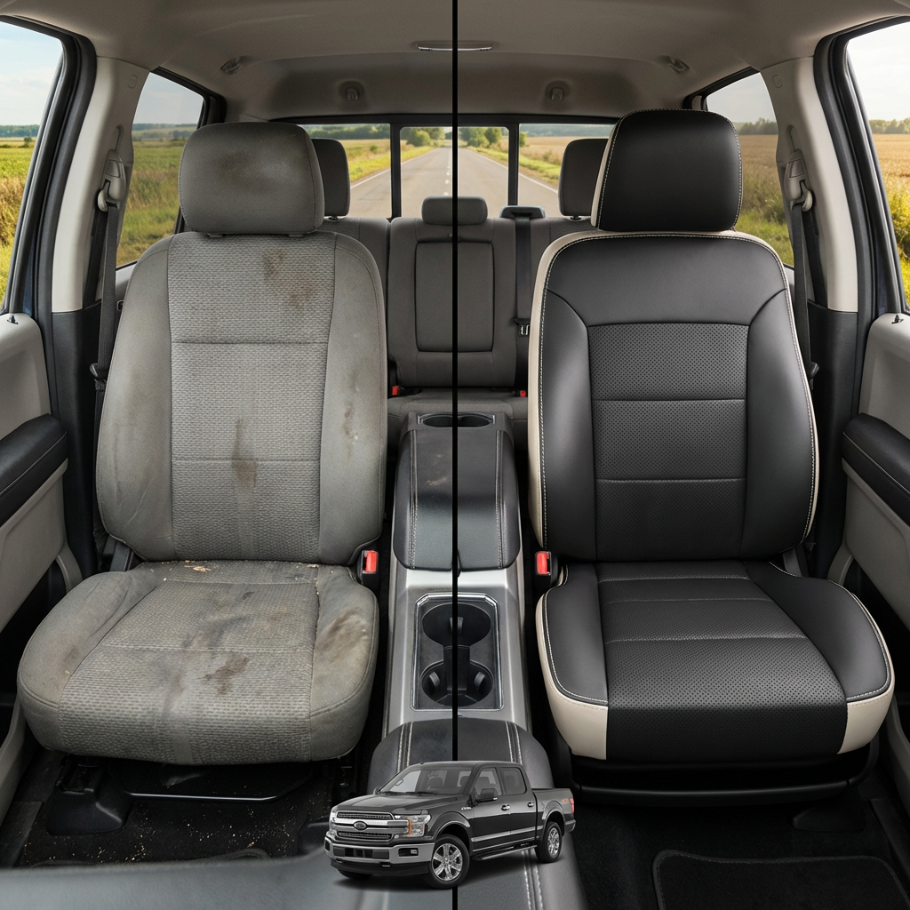 Before-and-after comparison of front seats, showing cloth seat upgraded to perforated leather upholstery.