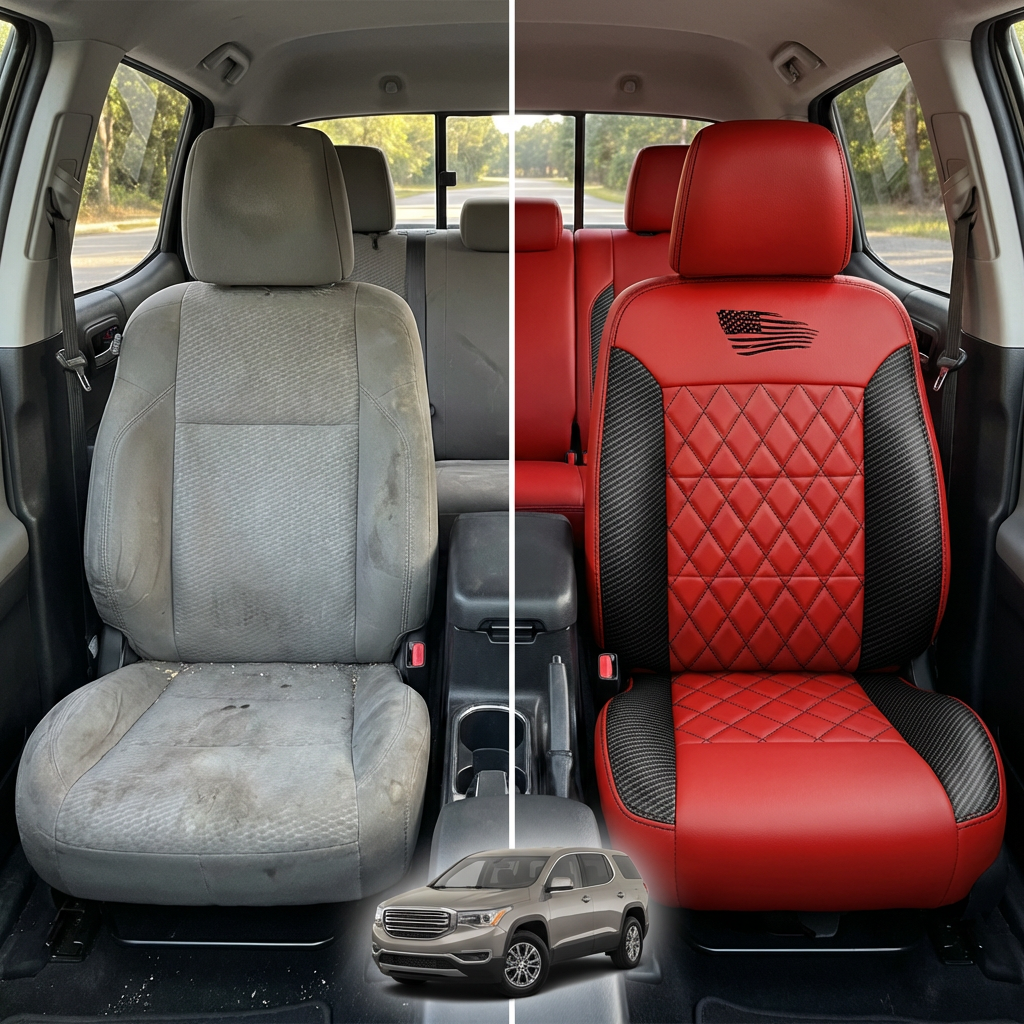 Before-and-after comparison of front seats, showing cloth seat upgraded to perforated leather upholstery.