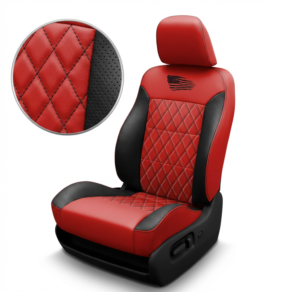 red wrap car seat and detailed closed up stitching on a white background