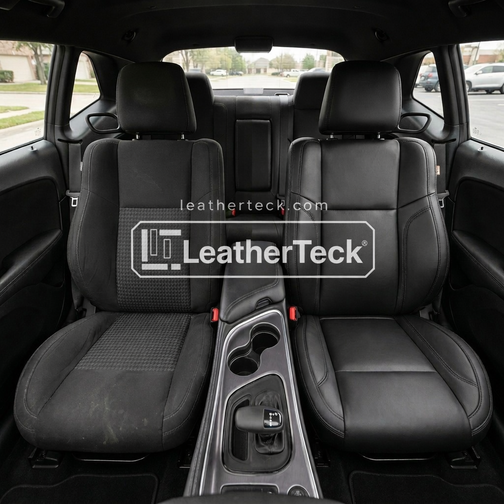 Before-and-after view comparing the original factory upholstery with finished black upholstery and black stitching throughou