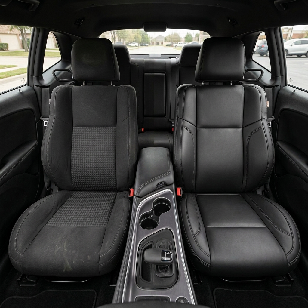 Before-and-after view comparing the original factory upholstery with finished black upholstery and black stitching throughout.
