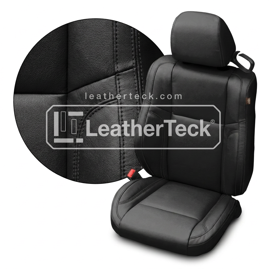Close-up of black upholstery and black stitching.