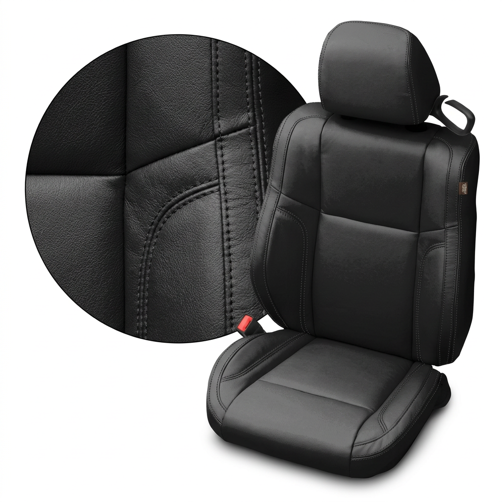 Close-up product image of a 2015–2023 Dodge Challenger (RT/GT/Scat Pack/392/SRT/SXT) Leatherteck leather seat cover in all black with black stitching throughout, shown on a seat against a white background with a circular zoom inset highlighting the leather grain, panel transition, and black-stitched seam detail.