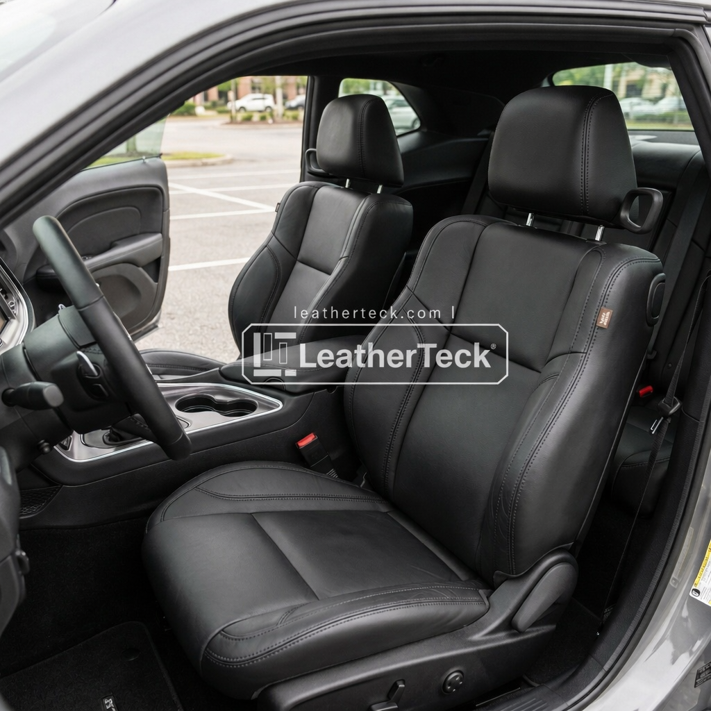 Front cabin view of a 2015–2023 Dodge Challenger RT/GT/Scat Pack/392/SRT/SXT with black upholstery and black stitching throughout.