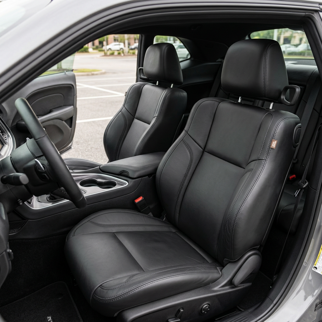 Front in-cabin view of a 2015–2023 Dodge Challenger (RT/GT/Scat Pack/392/SRT/SXT) with Leatherteck seat covers installed in all black with black stitching throughout, shown from the open driver-side door with both front bucket seats, center console/armrest, and cupholders visible.