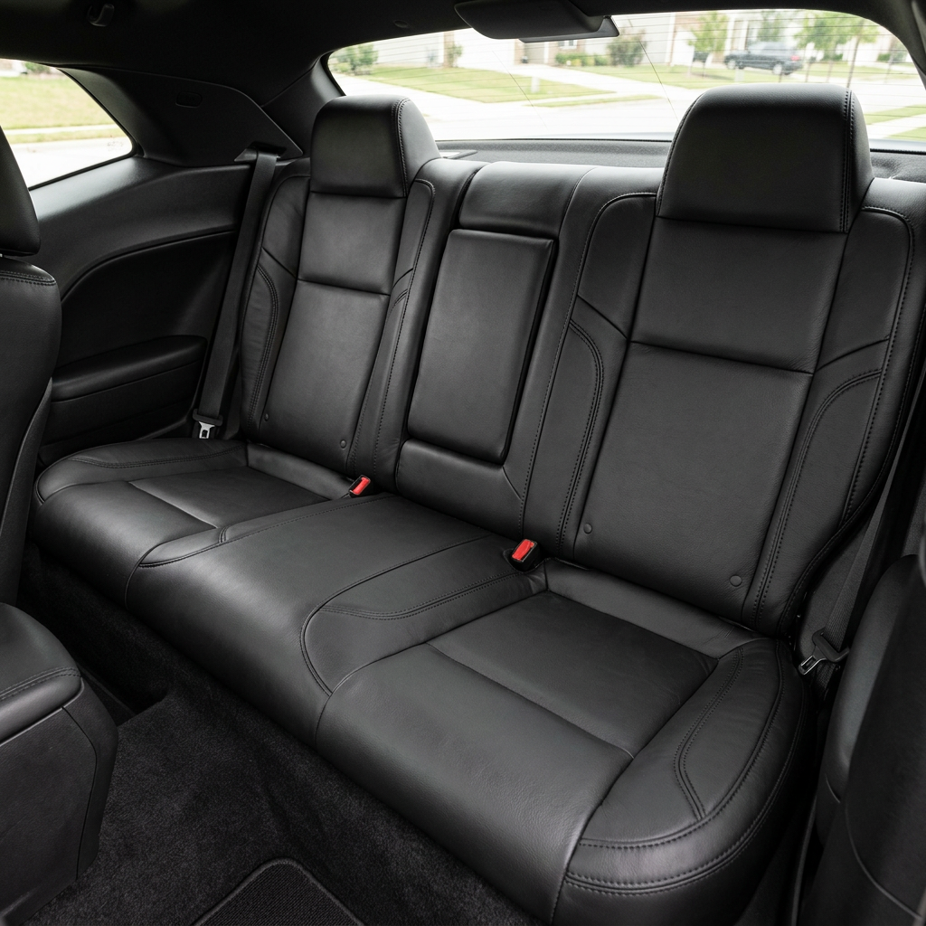 Rear in-cabin view of a 2015–2023 Dodge Challenger (RT/GT/Scat Pack/392/SRT/SXT) showing Leatherteck rear seat cover upholstery in all black with black stitching throughout, featuring the rear bench seat, two headrests, seatbelts/buckles, and the rear side panels and back window visible.