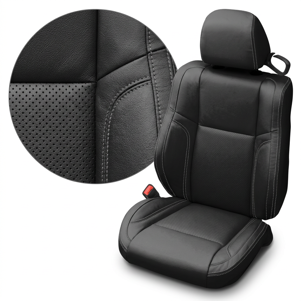 Close-up product image of a 2015–2023 Dodge Challenger (RT/GT/Scat Pack/392/SRT/SXT) Leatherteck leather seat cover on a white background, featuring black main seat panels with perforated black center inserts and grey contrast stitching throughout; a circular zoom inset highlights the perforation pattern, leather grain texture, and grey-stitched seam detail.