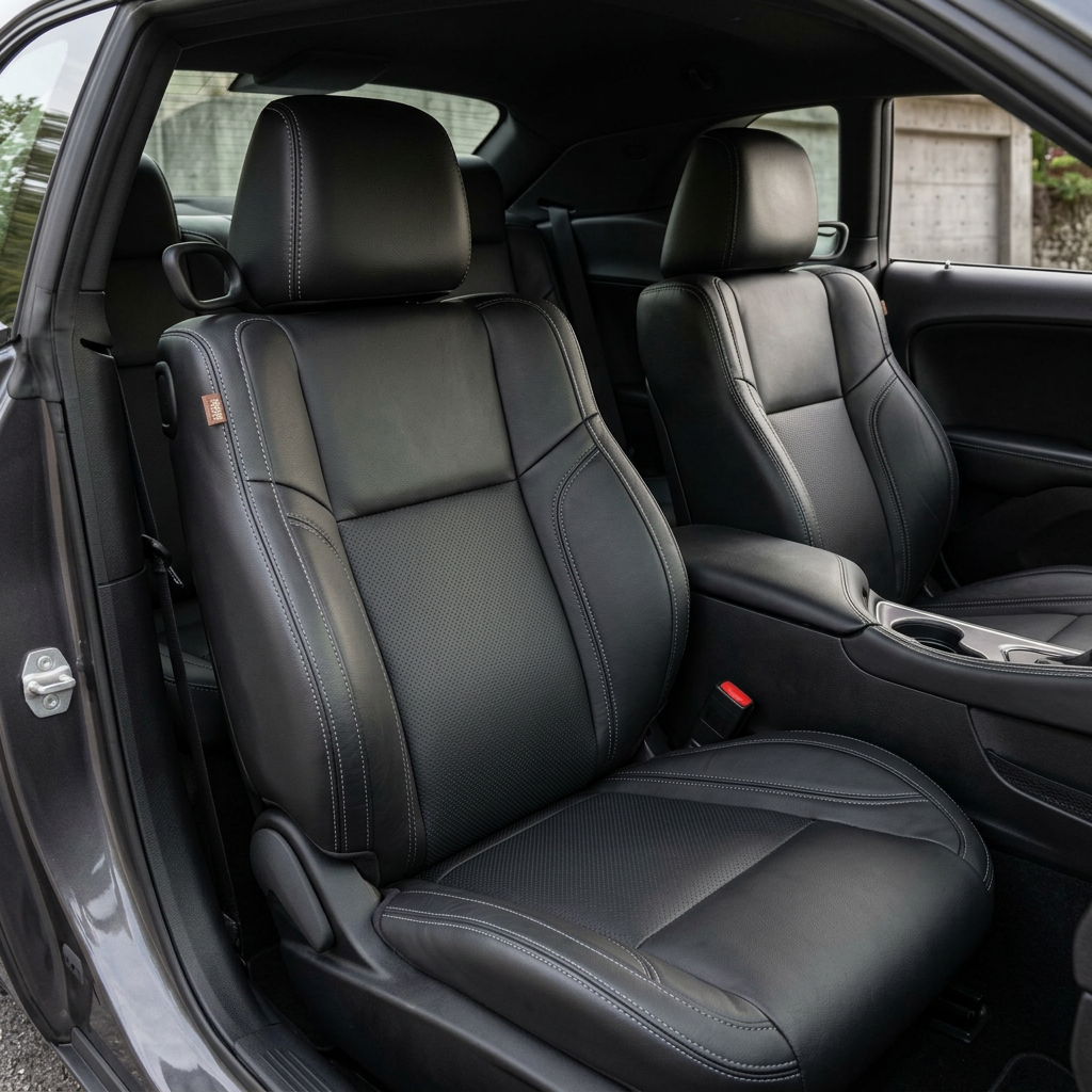 Front in-cabin view of a 2015–2023 Dodge Challenger (RT/GT/Scat Pack/392/SRT/SXT) with Leatherteck seat covers installed in black, featuring perforated center inserts and grey contrast stitching throughout, photographed from the open driver-side door with both front bucket seats and the center console/cupholders visible.