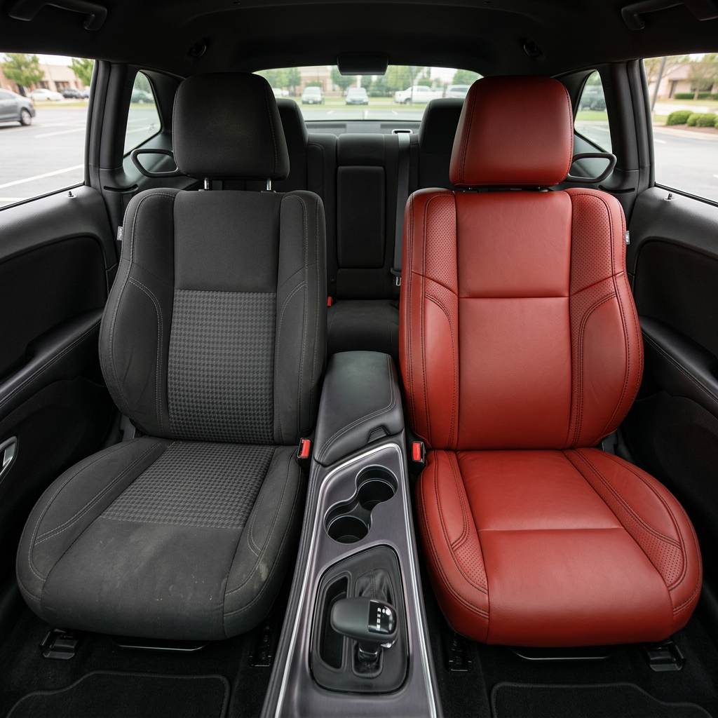 Before-and-after front in-cabin view of a 2015–2023 Dodge Challenger (RT/GT/Scat Pack/392/SRT/SXT) showing a split comparison: left side displays the original black cloth front seat, while the right side shows the upgraded Leatherteck seat cover in Cardinal Red with perforated accent panels and black contrast stitching throughout; the center console with cupholders and shifter sits between the seats, with the rear bench visible in the background.