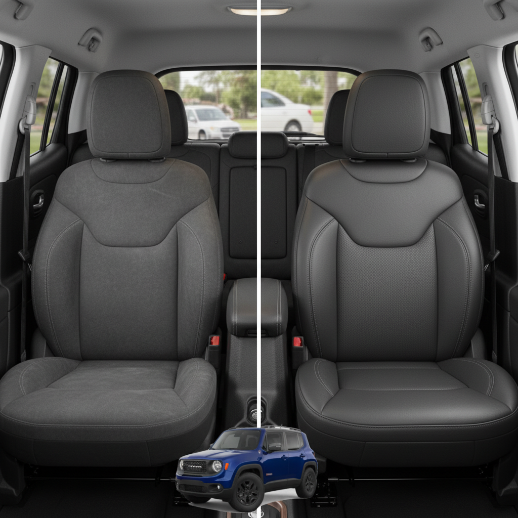 Before-and-after comparison of Jeep Renegade front seats, showing cloth seat upgraded to perforated leather upholstery.

