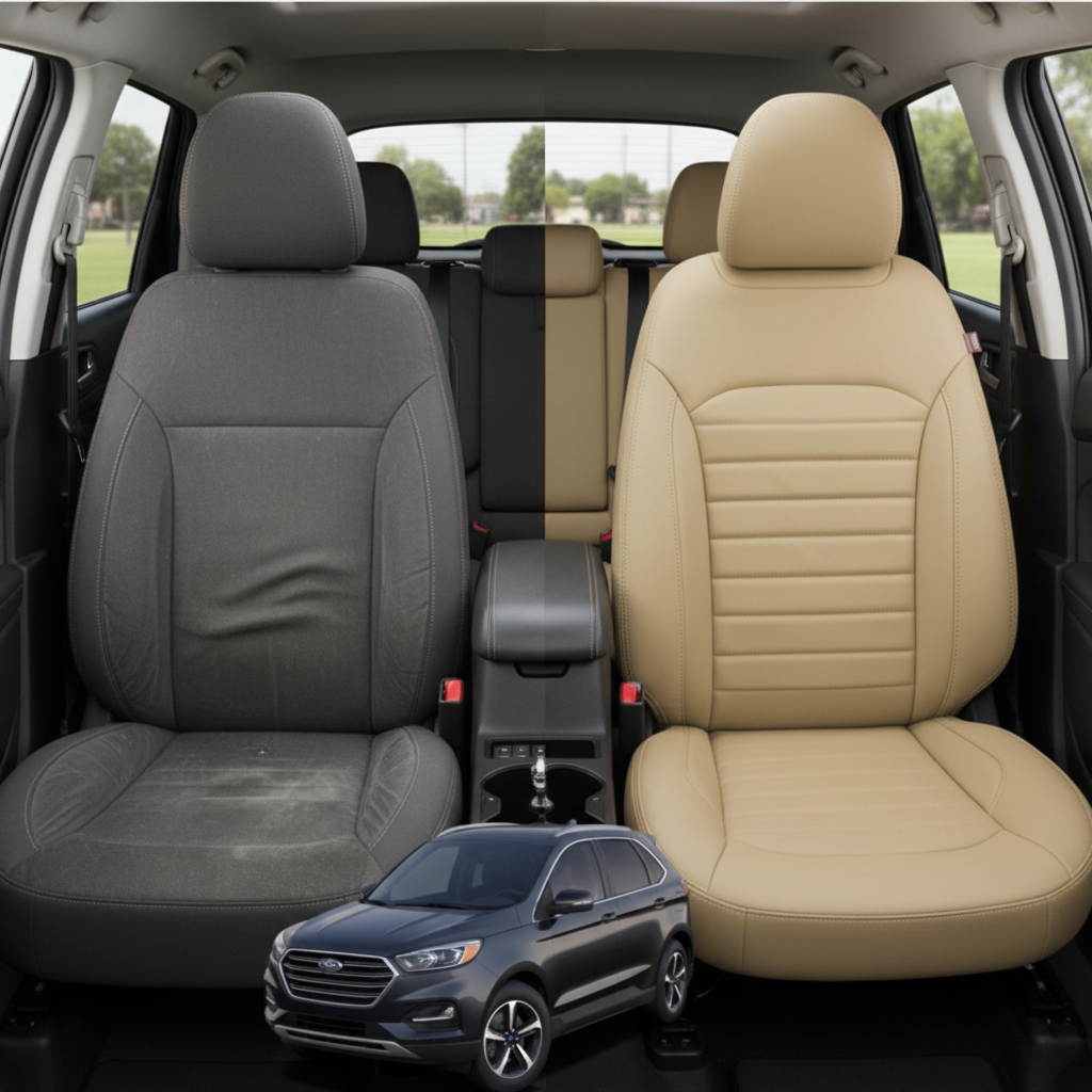 Before-and-after comparison of Ford Edge a front seats, showing cloth seat upgraded to perforated leather upholstery.
