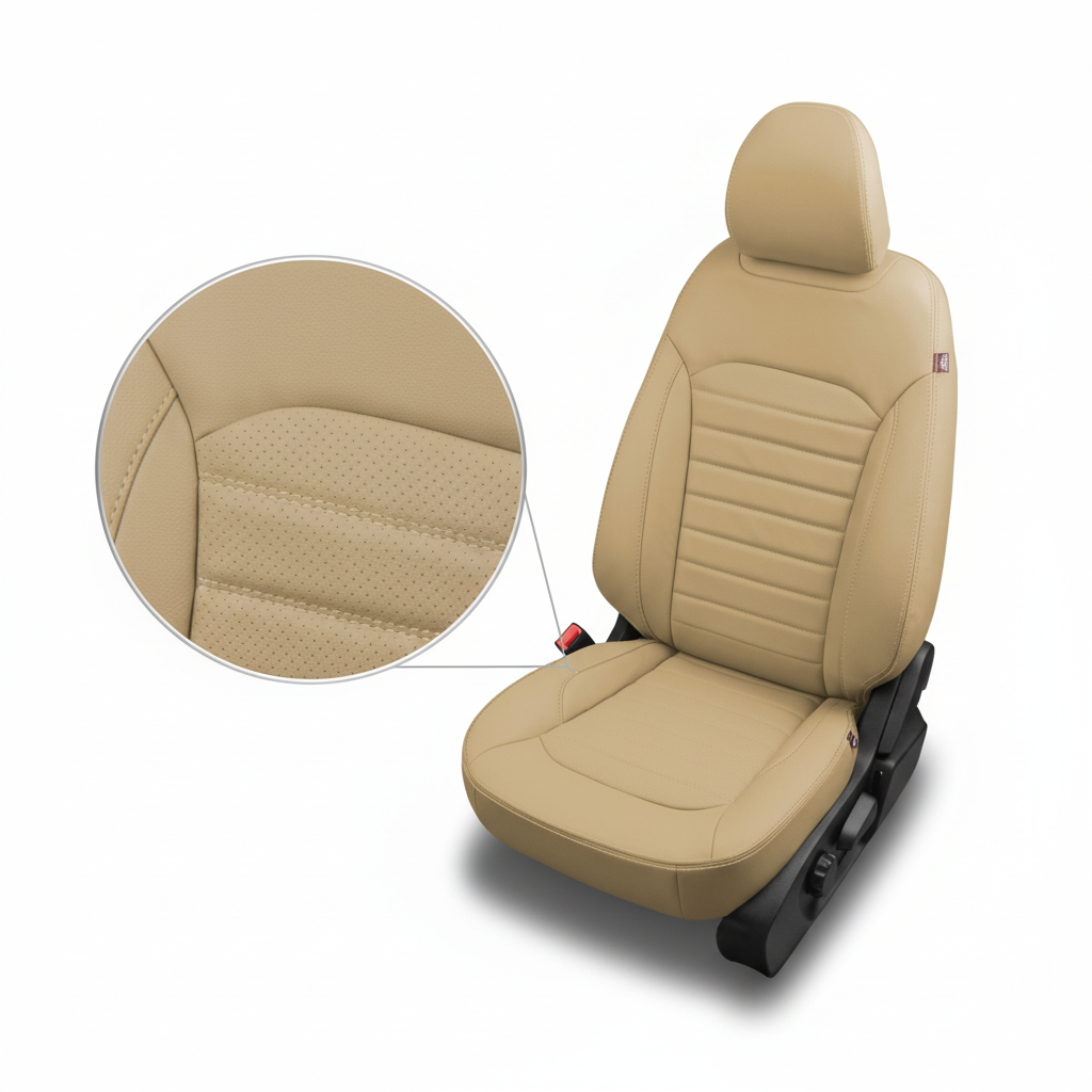 Beige car seat cover with detailed texture on a white background