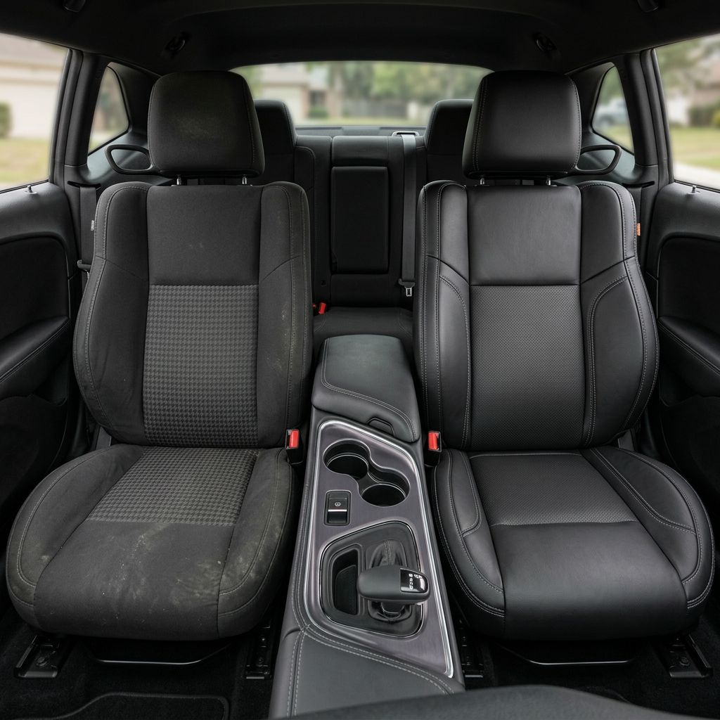 Before-and-after front in-cabin view of a 2015–2023 Dodge Challenger (RT/GT/Scat Pack/392/SRT/SXT) split down the middle: left shows the original black cloth factory front seat with a patterned insert, while right shows the upgraded Leatherteck seat cover in black with perforated center inserts and grey contrast stitching throughout, with the center console/cupholders and shifter between the seats and the rear seat visible in the background.
