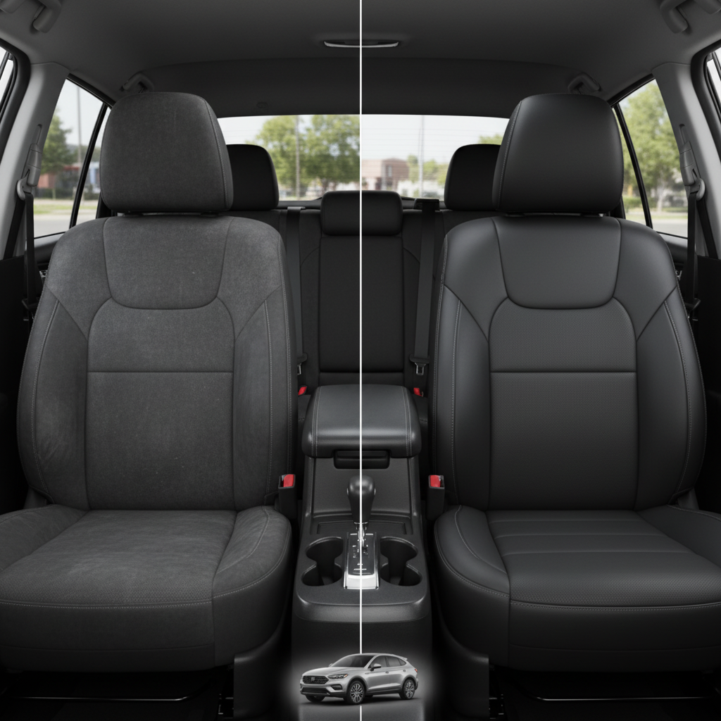 Before-and-after comparison of Nissan Versa front seats, showing cloth seat upgraded to perforated leather upholstery.
