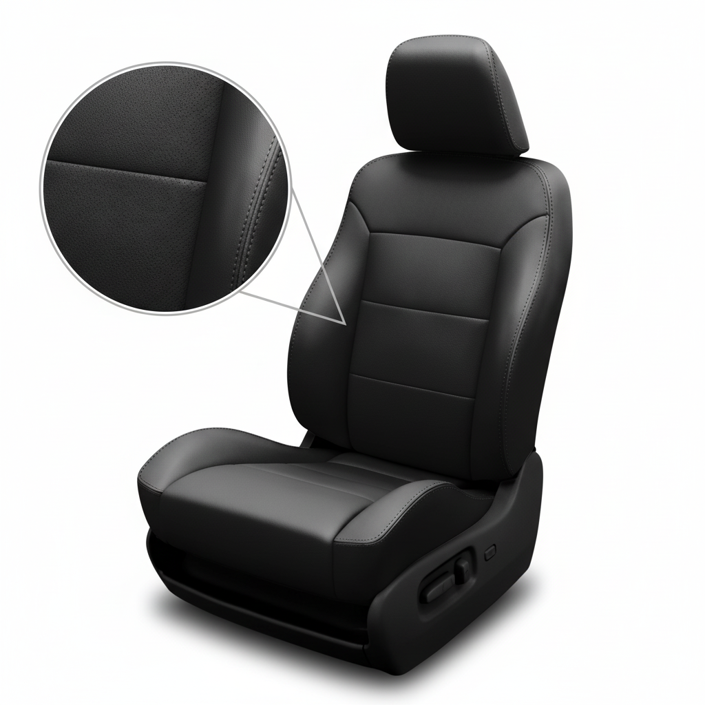 Black car seat cover with detailed stitching on a white background